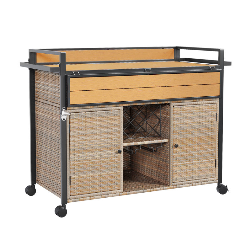 Caycen Vintage Indoor/Outdoor Portable Wicker Bar Cart, Kitchen Cart, Kitchen Island with Wine Rack and Stemware Rack