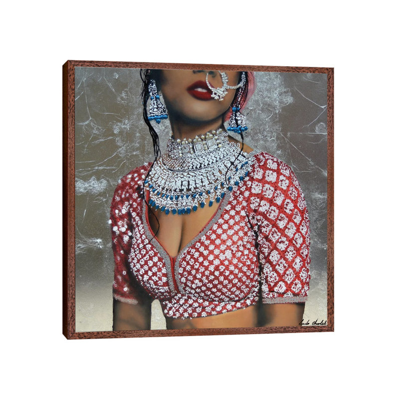 Indian Couture II by Linda Charles - Painting on Canvas, Classic Brown Wood Floater Framed, 45.72 cm H x 45.72 cm W
