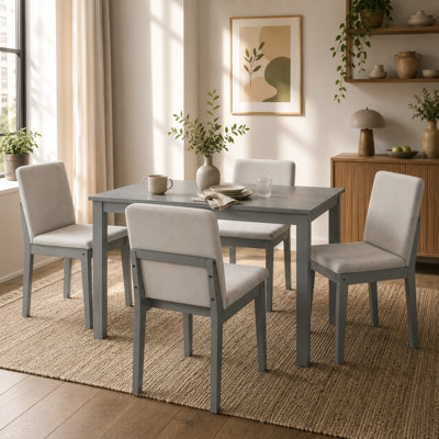 5-Piece Gray Dining Table Set With Beige Fabric Cushion Chairs, Rubberwood Veneer, Transitional Style