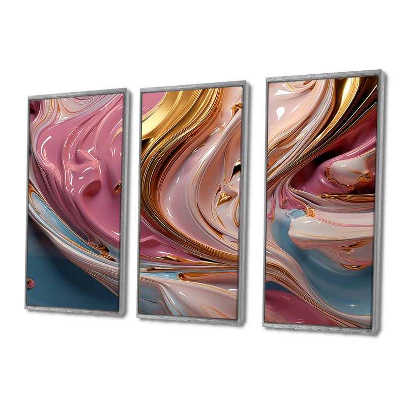 «Fluid Magnificence Pink Gold I» - ensemble de décorations murales abstraites à encre liquide, Encadrement argenté
