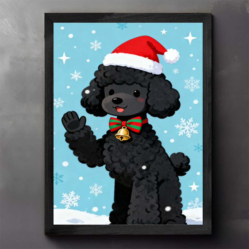 Art encadré noir rétro Un joli caniche noir coiffé d'un chapeau de Noël et d'une cravate des Fêtes, impressions sur toile de style rétro