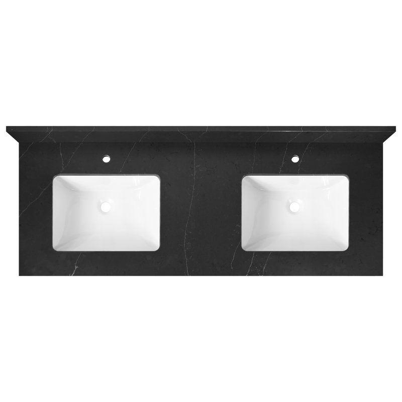 61'' Quartz Double Vanity Top with Sink and Pre-Drilled Faucet Holes, Broadway Black