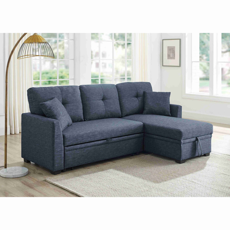 Canapé modulaire 76,5 po en mélange de lin avec lit escamotable et rangement pour chaise longue, Bleu très foncé