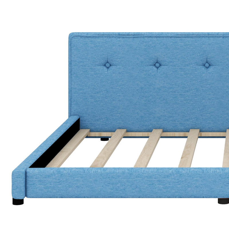 Lit plateforme tapissier avec ports USB intégrés, Grand lit, Bleu