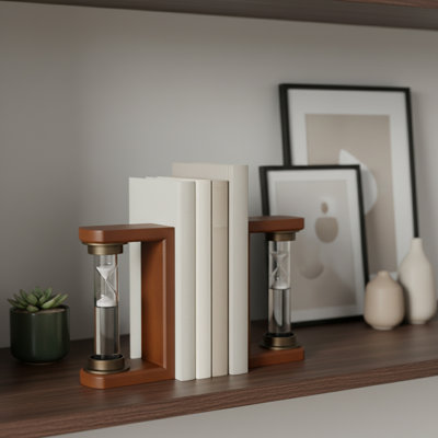 Aldarondo Decorative Hourglass Sand Timer Bookends - Modern Book Ends for Home, Bookshelf, or Desk Decor - Set of 2, 8", Brown