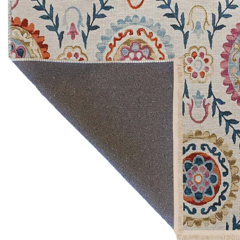 Tapis décoratif multicolore à motif floral et à franges beige, Rectangle 4 pi 11,06 po x 7 pi 6,55 po