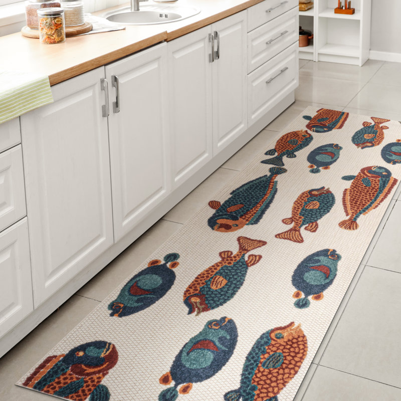 Wigand Modern Fish High-Low Navy/Orange/Cream Indoor/Outdoor Rug, Runner 2'3" x 8'