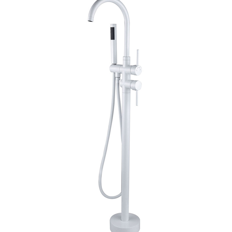 White Metal Freestanding Bathtub Faucet And Hand Shower. 46.88in Depth, 6.35in Width. Material, Coating. Full Coverage Spray For Soothing Transform Bathroom With Shower In Metal. 46in 6.5in