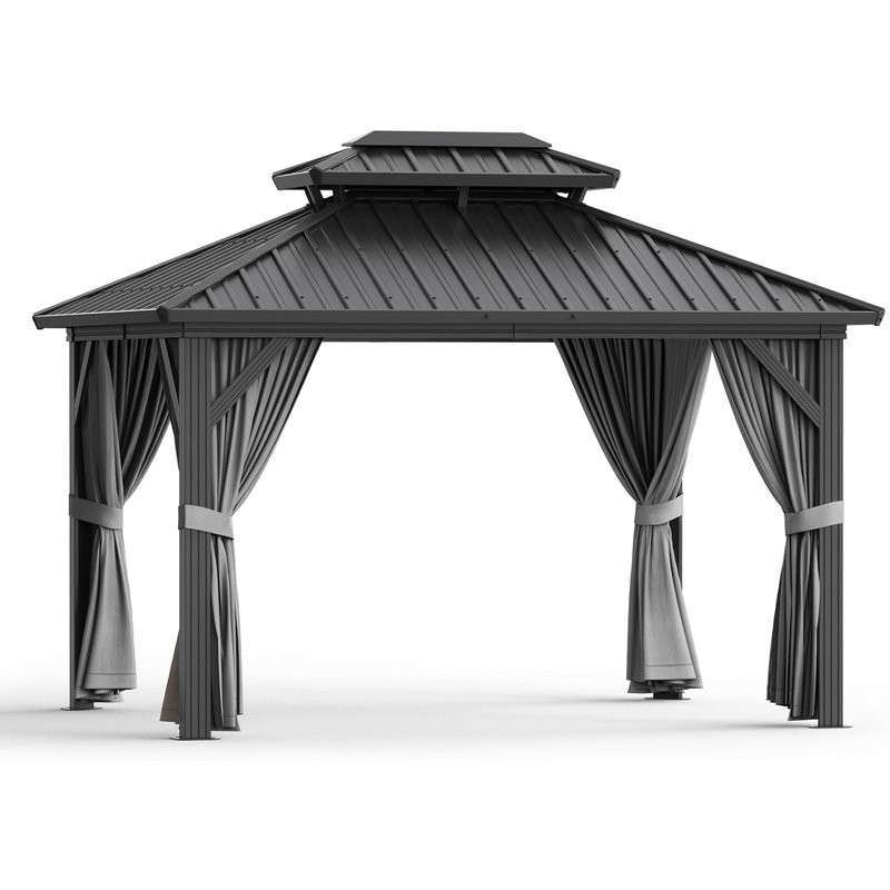Pavillon de jardin 10 pi x 13 pi gris avec toit en acier galvanisé et double toit avec rideaux et filet pour patio