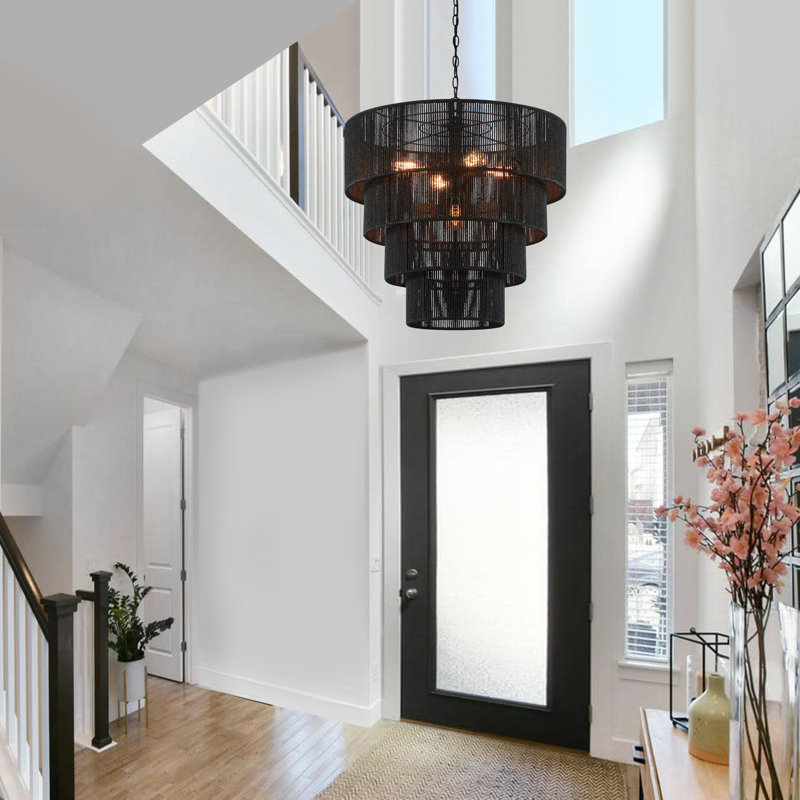 Aleris 5 - Light Shaded Tiered Rattan Pendant, Black Paper Strings