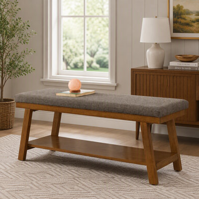 Banc rembourré en lin avec tablette de rangement - capacité de 350 lb, banc de bout de lit moderne avec siège rembourré pour la chambre à coucher, le vestibule ou le salon - granit