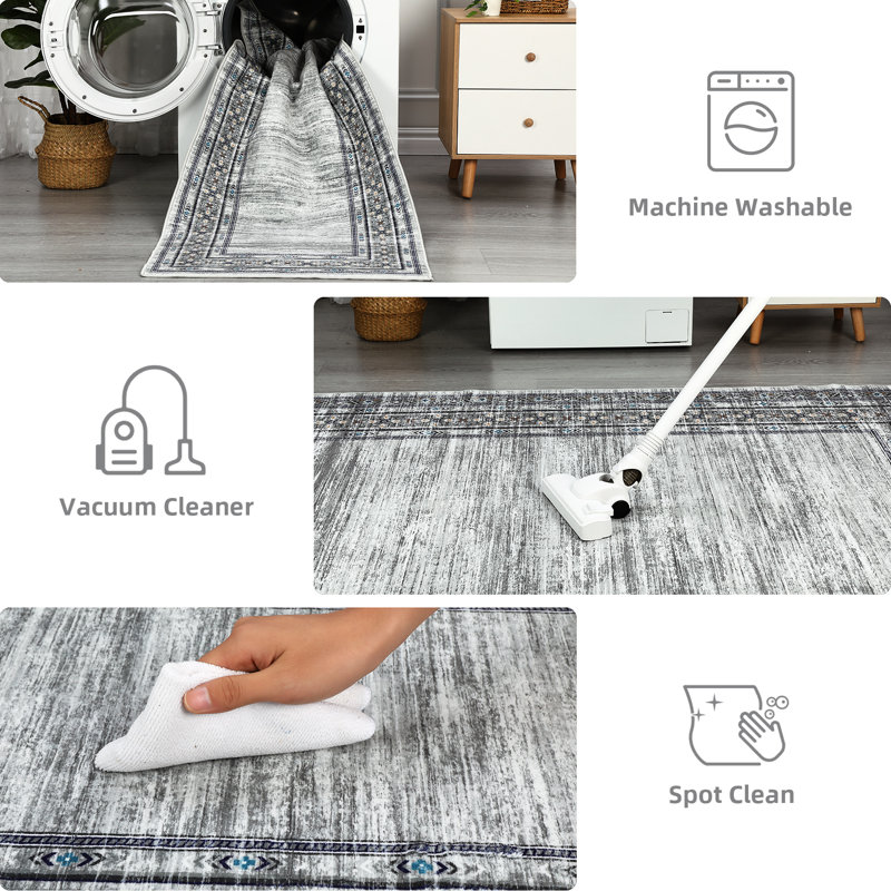 Tapis moderne lavable pour tapis de salon à motif géométrique doux antidérapant, Rectangle 5 pi x 7 pi