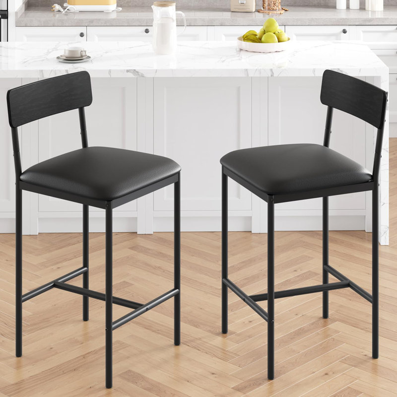Bar Stools  With Footrest, Upholstered Bar Chairs With Back, Counter Height Barstools, Set Of 4, Black