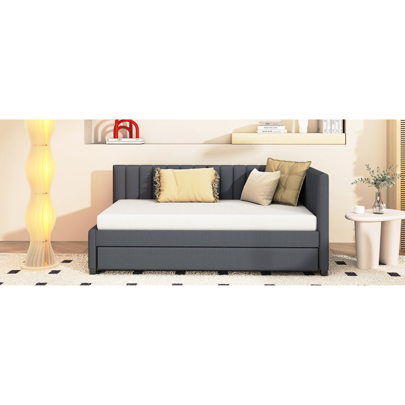 Twin Size Daybed With Upholstered Trundle, Linen Ornament, Strong Bed Quality, No Box Spring, Gray Attribute Spring Required Upholstery, Practical Frame