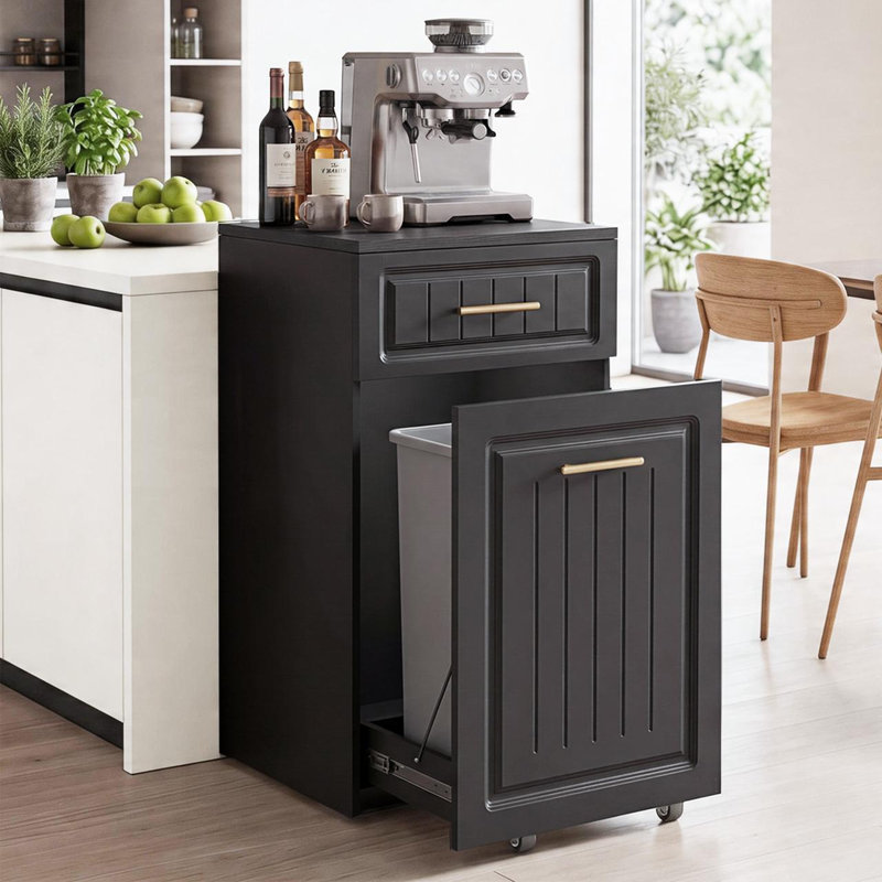 Armoire à poubelle escamotable pour bac de 13 gallons, armoire de poubelle de cuisine autoportante avec tiroir dissimulé, armoire de recyclage cachée à l'épreuve des animaux de compagnie pour cuisine, buanderie, salon, noir