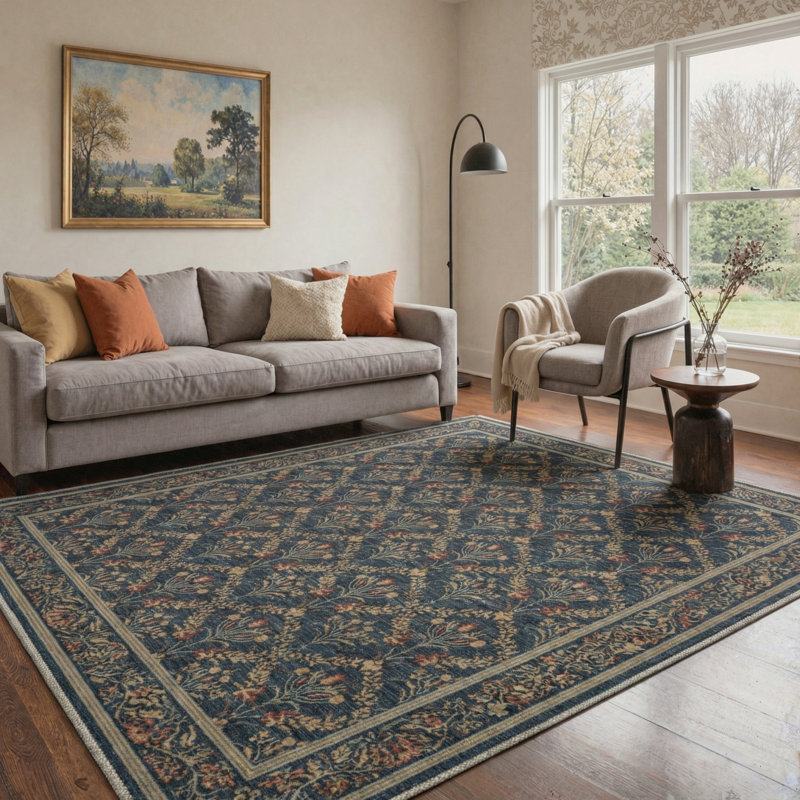 Tapis d'intérieur bleu ardoise lavable à la machine Floral Vines avec envers antidérapant, Rectangulaire 8 pi x 10 pi