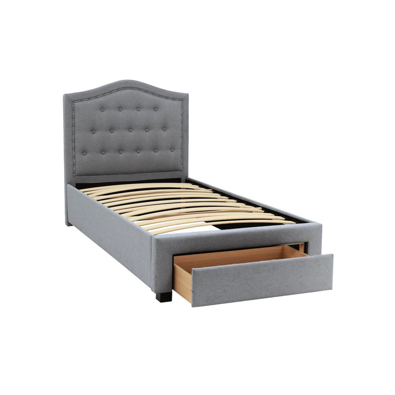 Lit simple moderne avec tête de lit tapissier en toile de jute et tiroir de rangement supplémentaire en tissu gris