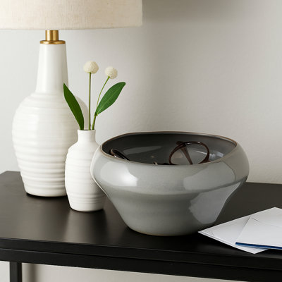 Decorative Round Glazed Terracotta Bowl for Living Room - Modern Accent Bowl for Shelf Styling, Entryway, or Home Decor -13", Gray