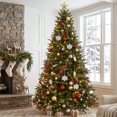 7.4 ft Prelit Artificial Classic Spruce Christmas Tree with  310 LED Lights & 8 Lighting Modes, PE & PVC Mixed Tips, Metal Stand, Collapsible Sectional Xmas Tree for Holiday Decor