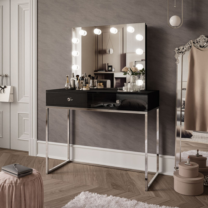 Begie Dressing Table with Mirror, Chrome/White high gloss/White crystal handle