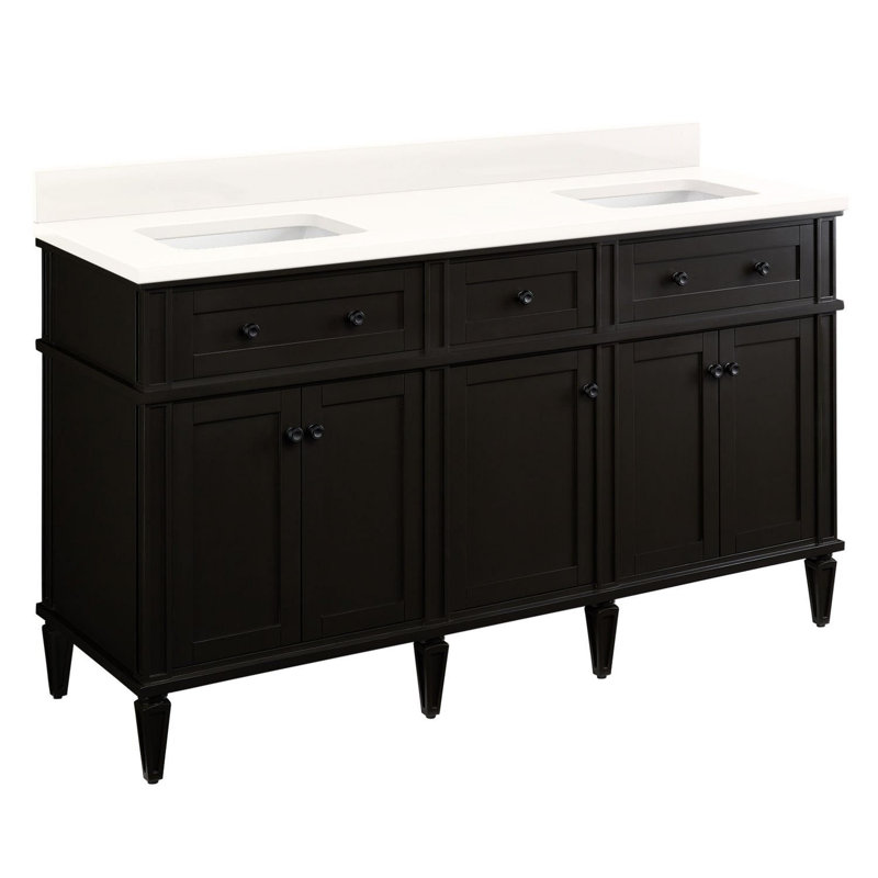 Elmdale 60" Freestanding Mahogany Double Vanity Rectangular Undermount Sink - Single Faucet Holes, Arctic White Quartz