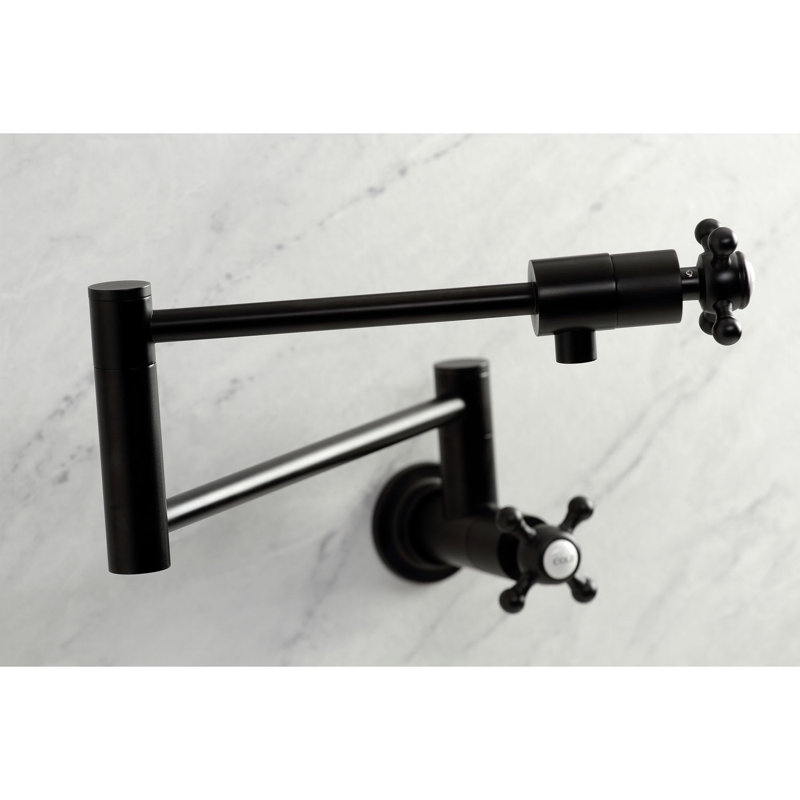 Kingston Brass Manhattan Two-Handle 1-Hole Wall Mount Pot Filler Faucet, Matte Black, Knob/Round Cross Handle