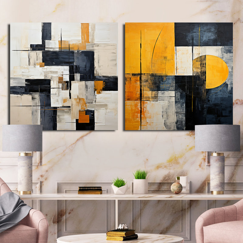 Collena - Ensemble de 2 collages carrés à formes abstraites, H 36 po x l 73 po, Toile tendue