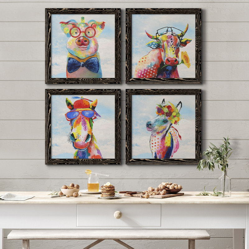 «Groovy Pig and Sky», ensemble de 4 peintures sur toile encadrées, H 27,5 po x l 110 po x P 1,5 po, Toile avec cadre noir