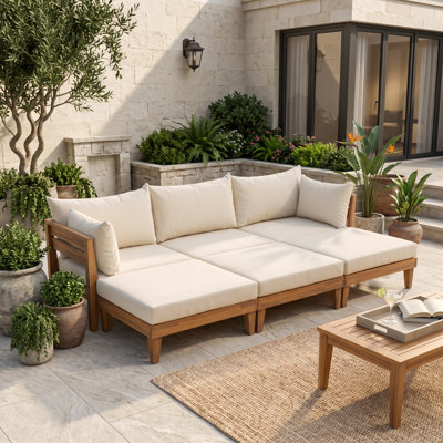 Ensemble de canapé modulaire et de lit de repos en bois d'acacia 6 pièces avec 3 repose-pieds et coussins de 5,9 pouces, beige