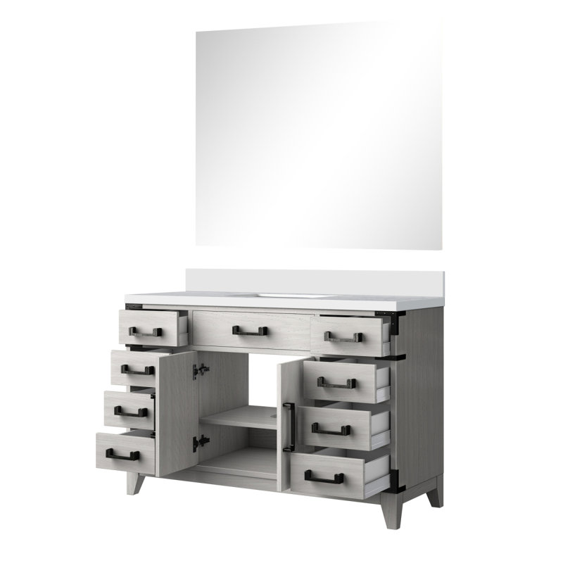 Meuble-lavabo simple en chêne blanc l 48 po x P 22 po, comptoir en quartz blanc et miroir de 46 po
