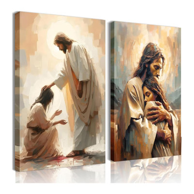 2Pcs Christian Wall Art Jesus Hug Woman Wall Decor Safe Haven Poster Canvas Print Christian Spiritual Painting Bible Art Picture Jesus And Girl Mural