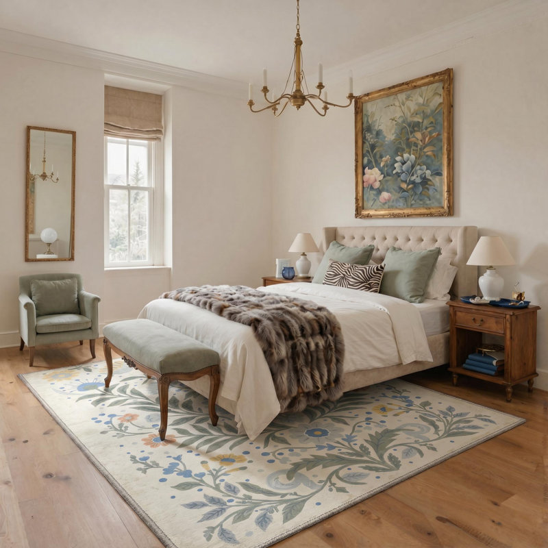 Clermont Vintage Floral Blue Gray Machine Washable Area Rug, Rectangle 8' x 10', Ivory / Sage Green