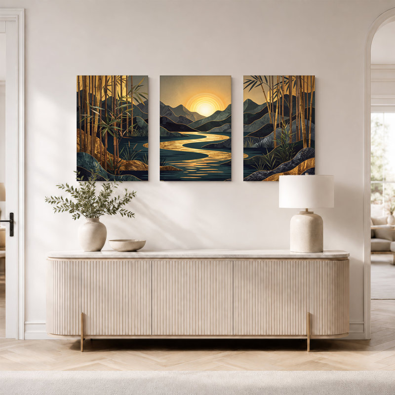 «Bamboo Forest River Mountains Golden Sunset», ensemble de 3 toiles murales, H 24 po x l 16 po x 3 pièces