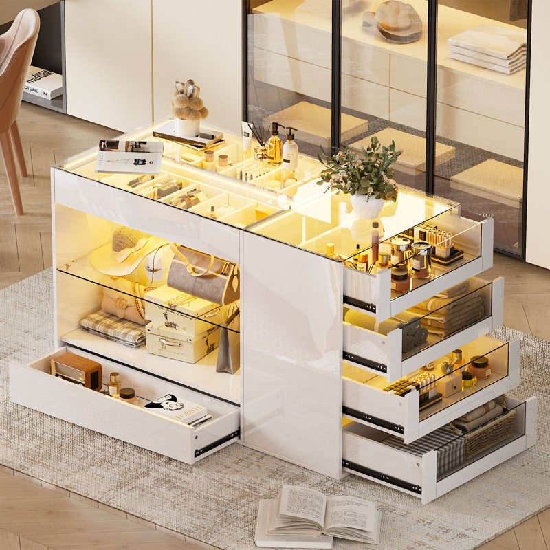 Commode 8 tiroirs 2 tablettes avec plateau en verre trempé clair et îlot avec commode