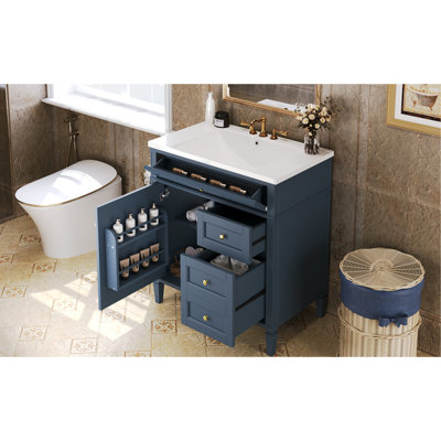 Meuble-lavabo de 30 po avec tiroir basculant, organisateur de porte d'armoire et conception moderne, bleu, glissières de tiroir en métal lisse de 88,8 lb, style minimaliste,