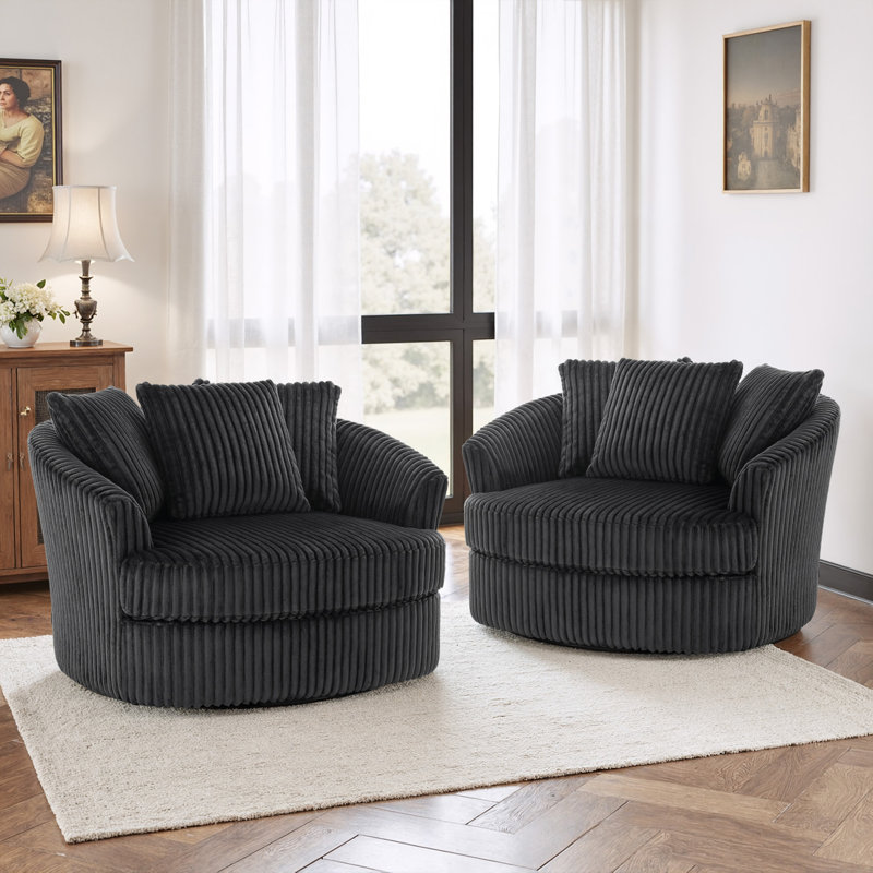 Ultra Plush Faux Rabbit Fur Oversized Swivel Barrel Chair with Three Pillows, Dark Gray