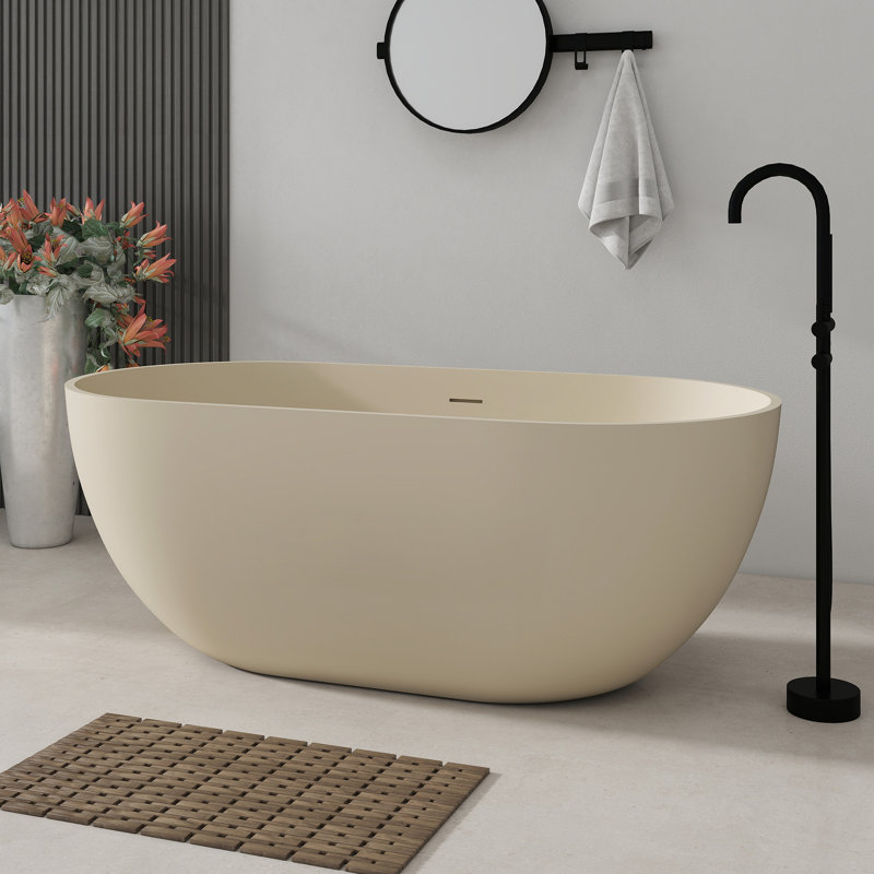 59'' Freestanding Soaking Solid Surface Bathtub Stone Resin Bath Tub with Overflow, Pop-up Drain, Milk-Coffee, milk-Coffee