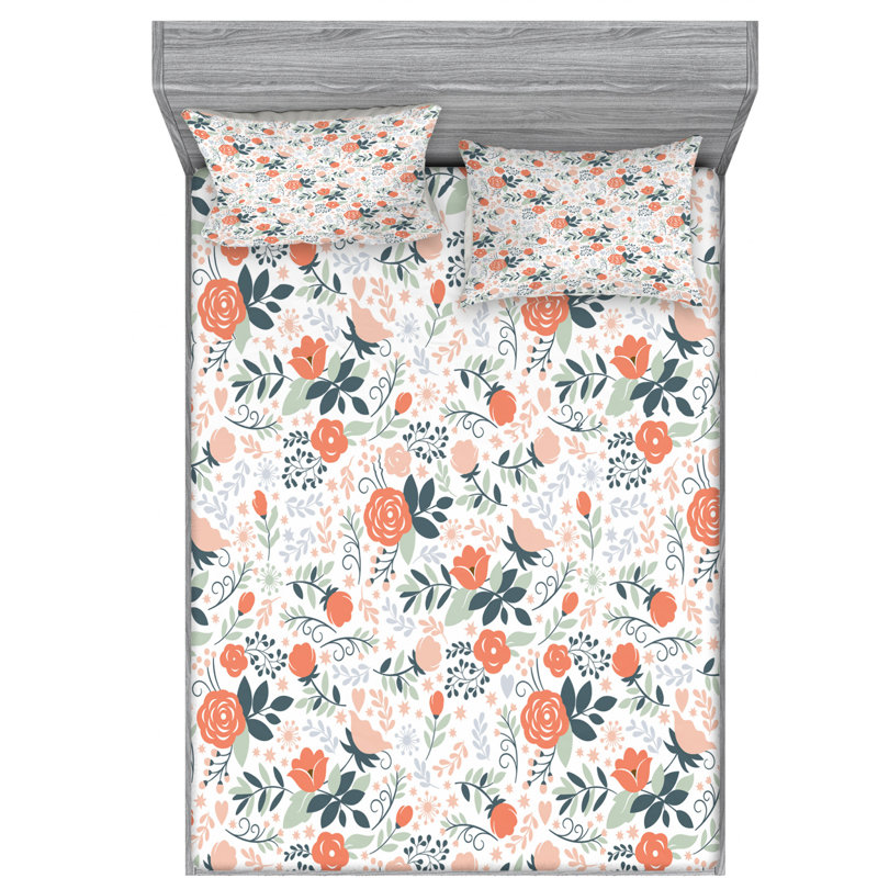 Microfiber Floral Sheet Set, Queen Sheet Set + Fitted Sheet + 2 Pillowcases, Green/Orange Floral