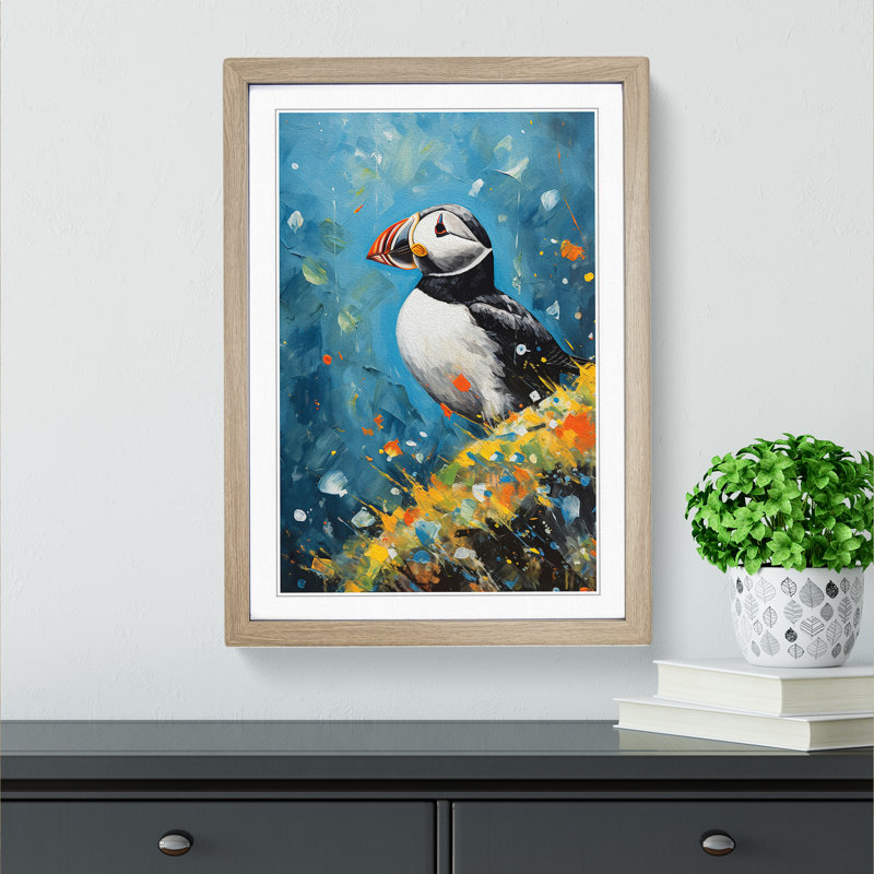 Puffin Action - Single Picture Frame Print on Wood, Oak Framed, 64cm H x 46cm W x 2cm D