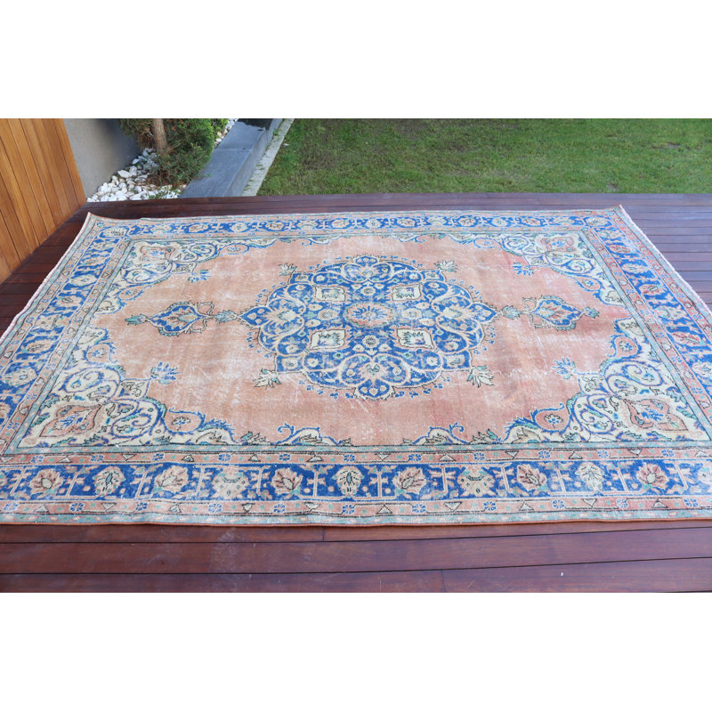 Tapis turc rétro tissé à la main en médaillon traditionnel, idéal pour le salon ou la chambre à coucher