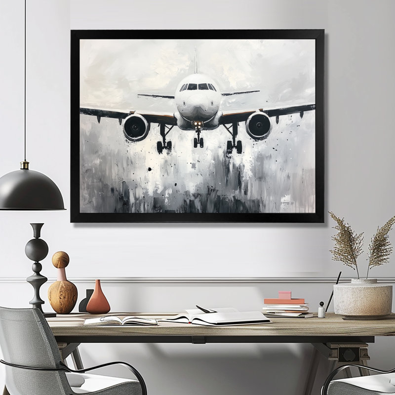 Aquarelle, avion, atterrissage sur la piste III - impression murale, H 12 po x l 20 po, Noir