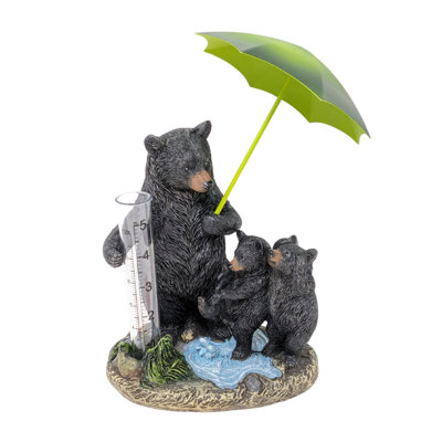 Resin Rain Gauge Bear Family Garden Statue With Metal Umbrella Woodland Outdoor Decor