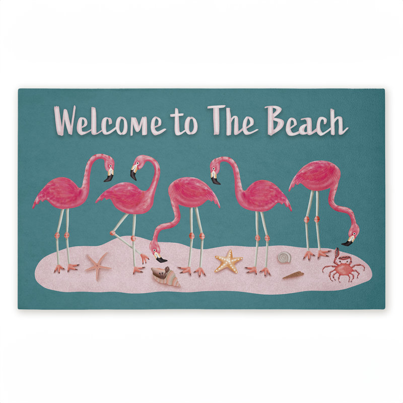 Tapis de porte d'extérieur imprimé Flamingo Beach Greetings, par Darlene Seale, 18 po x 30 po