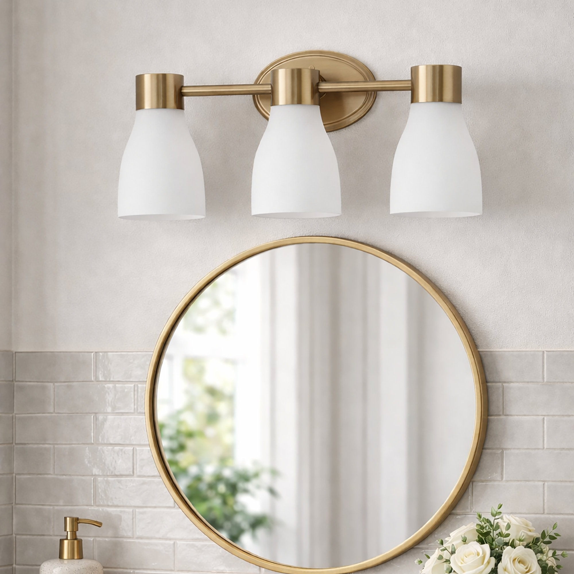 3-Light Brushed Brass Vanity Light with Acid-Etched Opal Glass Shades, Brushed Brass, 3