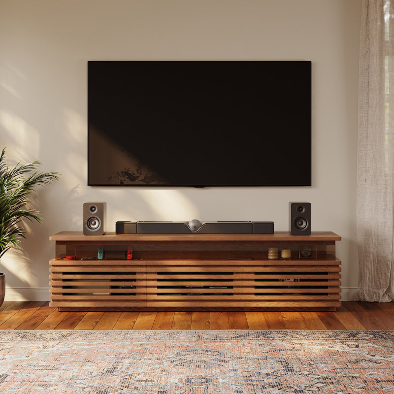 Console multimédia à lattes Selene avec éclairage DEL, aucun assemblage requis, Noyer, H 20,47 po x L 70,87 po x l 17,72 po