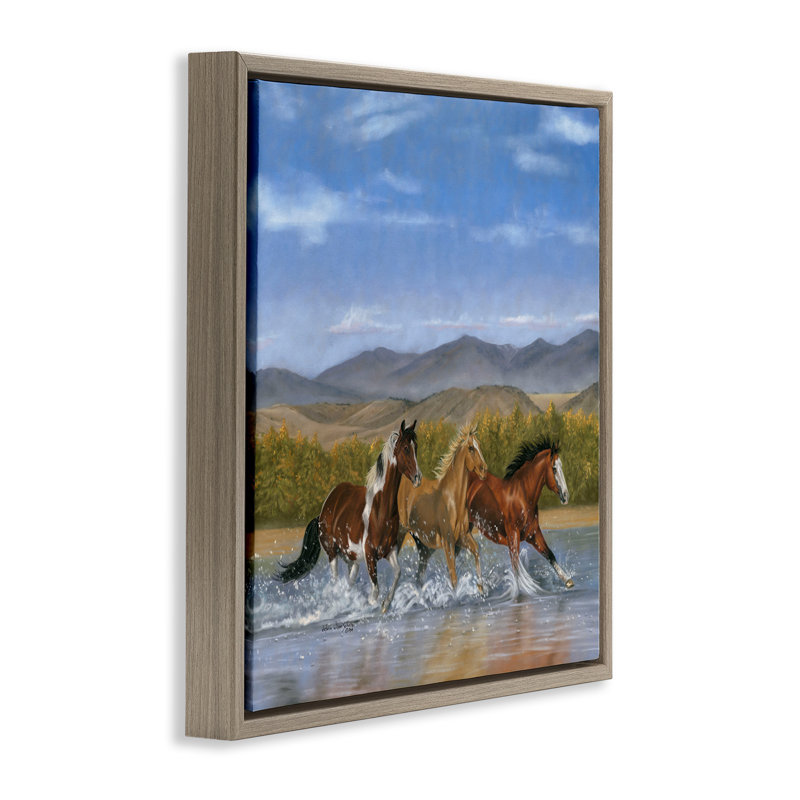"Splashing River Horses", art mural encadré par Victoria Schultz, Cadre flottant orme Montalcino, H 25 po x l 25 po