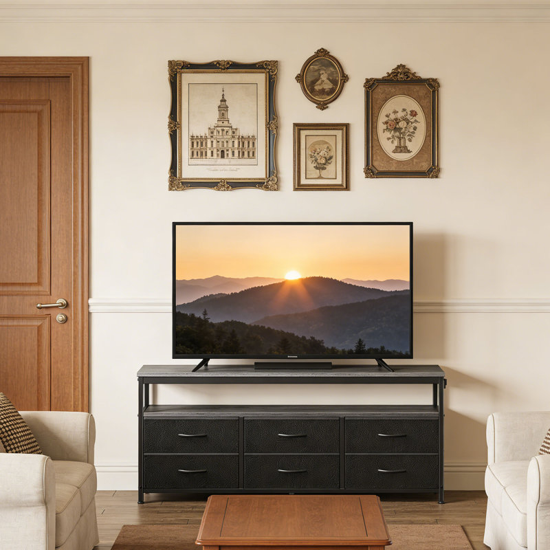 Bedroom LED TV Stand, Fabric Dressing Table With Power Socket, Entertainment Center For TV, Bedroom 6-Drawer Dressing Table, Drawer Cabinet With Shlef, PU Leather