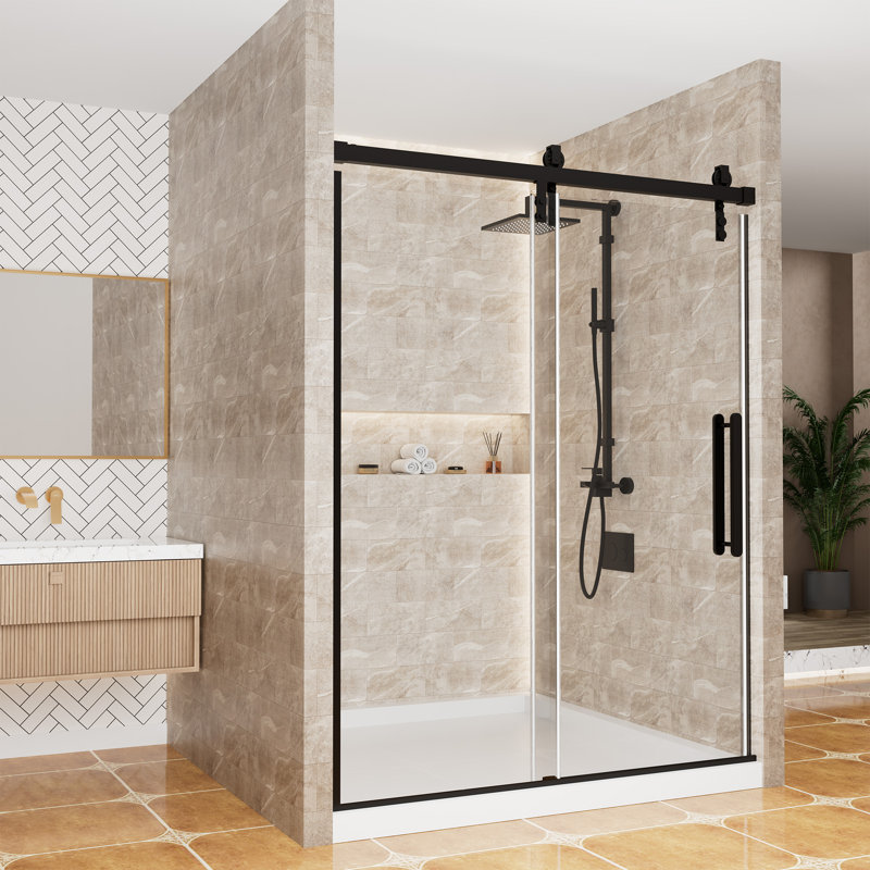 60" W x 76" H Framed Shower Door Single Sliding 10MM Tempered Glass 304 Stainless Steel Accessories, Black