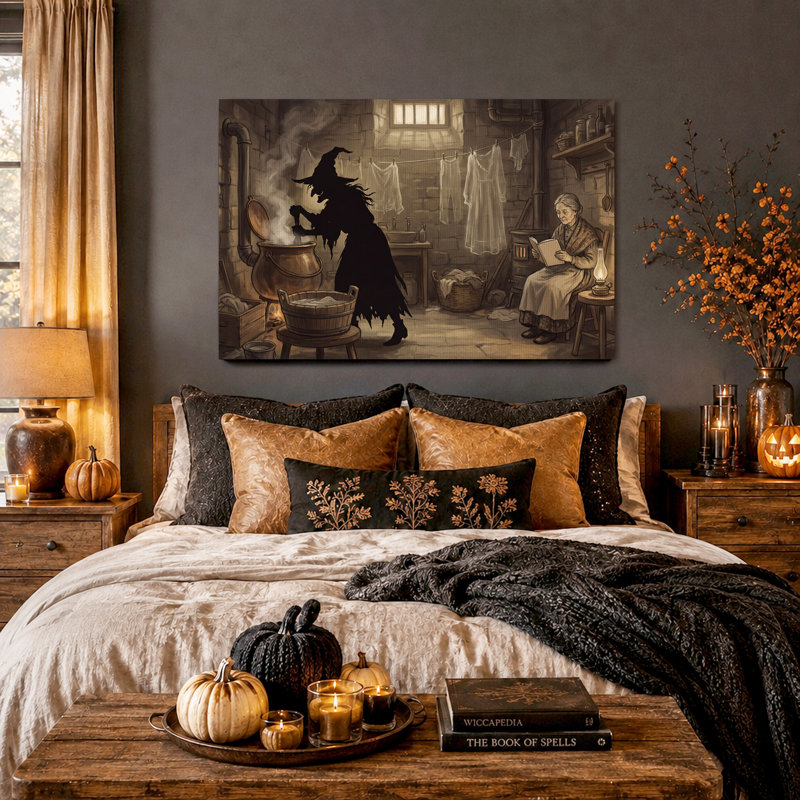 Toile murale d'Halloween représentant une sorcière remuant un chaudron dans une buanderie en pierre, 12"H x 18"W