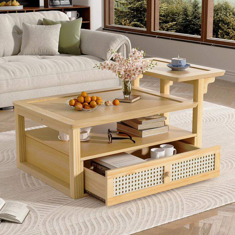 Table basse moderne, table basse avec 1 tablette de rangement, 2 plateaux de table et 1 tiroir en rotin pour le salon, Brun